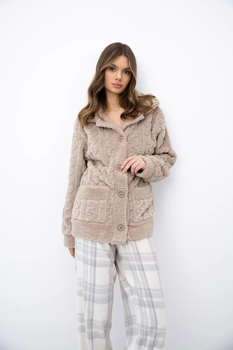 Sensis Ingrid blazer para mujer beige con botones, suave homewear con bolsillos