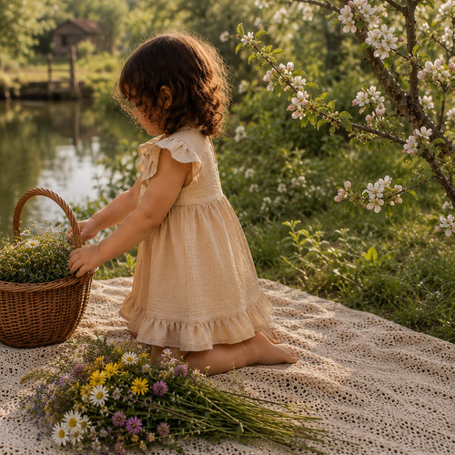 Mamatti SA50415 vestido infantil de muselina beige, ligero y transpirable