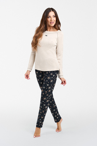 Pijama Denali Ladies manga larga, pantalón largo Italian Fashion- beige melange/print