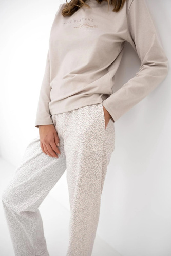 Pijama de mujer Sensis Lyanna beige de algodón con pantalones largos y estampado de flores