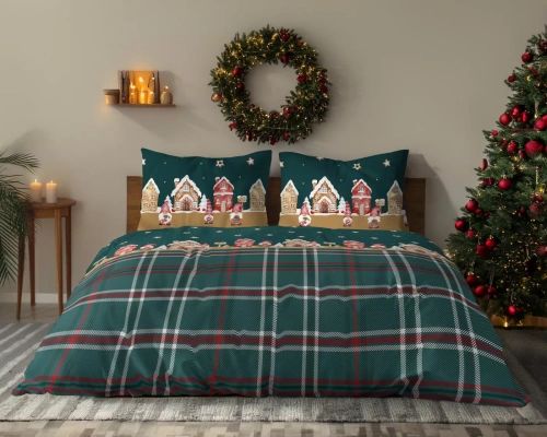 Ropa de cama Detexpol 6055 B Aldea Navideña verde roja 100% algodón