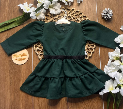 Vestido para niña mamatti SK619 elegante con mangas globo y cinturilla brillante verde