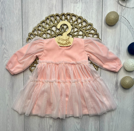 Vestido infantil Mamatti SZ351 de algodón con tul, manga larga - color albaricoque