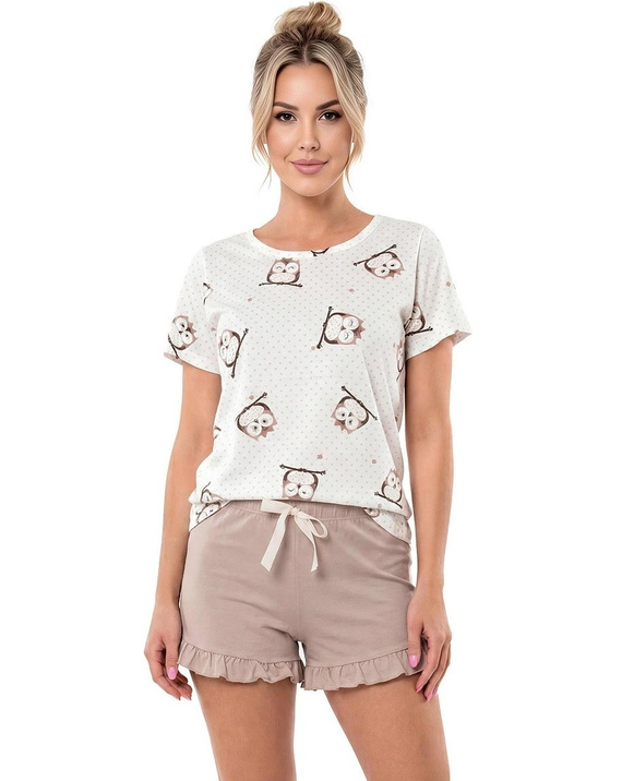Pijama de mujer Sova Donna ecru-beige 100% algodón con búhos y pantalones cortos