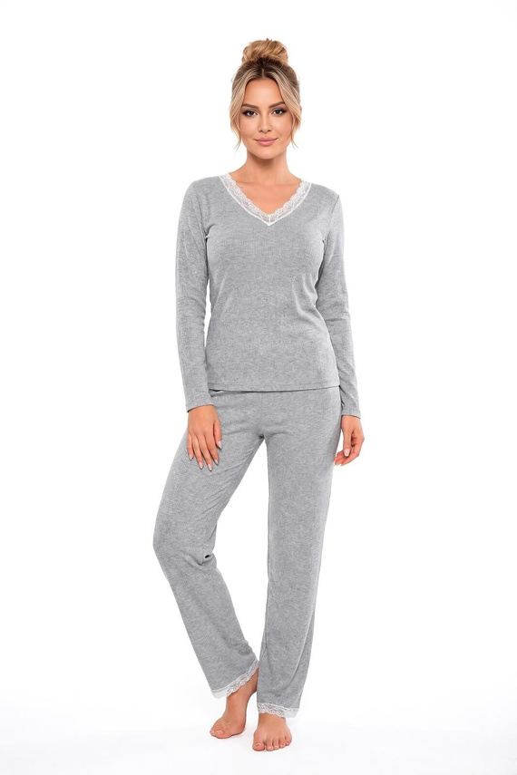 Donna Megi Long Pijama Mujer Gris Manga Larga y Pantalón Encaje
