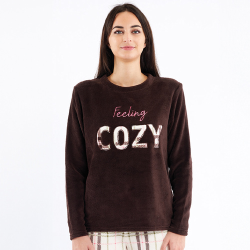 Pijama Liliana Sorbetto marrón - cálido polar a cuadros con bordados