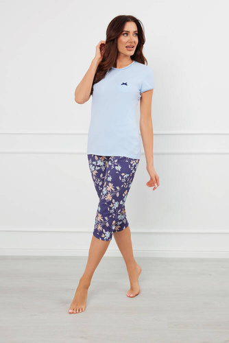Pijama Pulia Mujer manga corta, pantalón 3/4 Moda Italiana - azul/estampado
