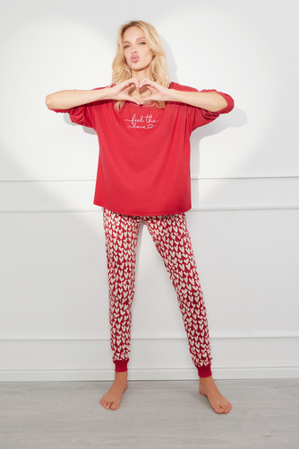 Evora Pijama señora manga larga, pantalón largo Moda Italiana - rojo/estampado