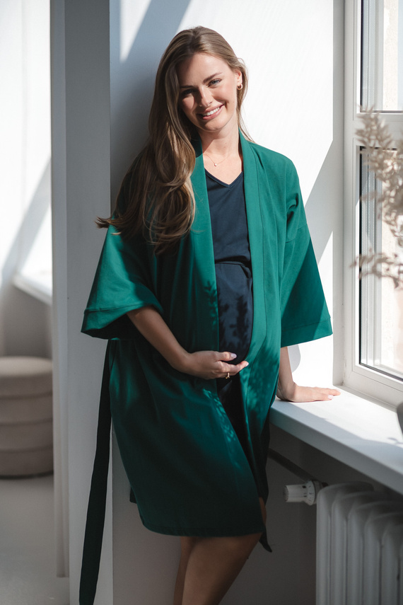 Milk&Love bata de maternidad verde botella - algodón con elastano, cómoda, manga 7/8