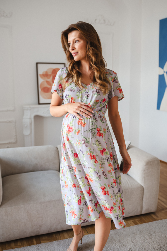 Lovely Dress Midi Milk&Love Vestido premamá y de lactancia azul claro con estampado de frutas