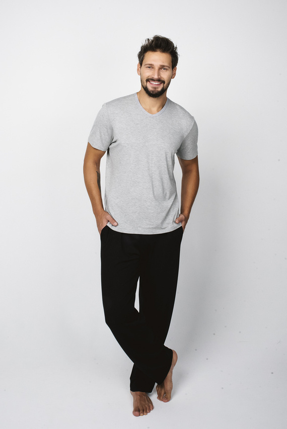 Dallas Pijama de manga corta para hombre, pantalón largo Italian Fashion- melange/negro
