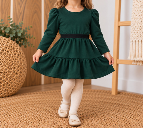 Vestido para niña mamatti SK619 elegante con mangas globo y cinturilla brillante verde