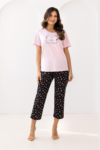 733 Pijama Regina rosa - algodón, manga corta, medio cuello redondo, estampado delante