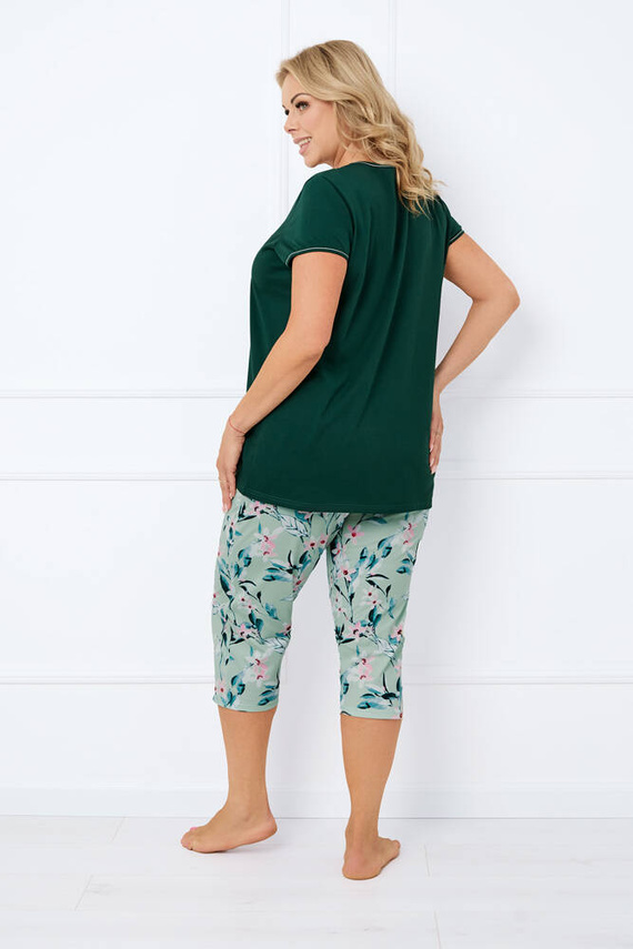 Florisa Pijama de señora de manga corta, pantalón 3/4 Moda Italiana - verde oscuro/estampado