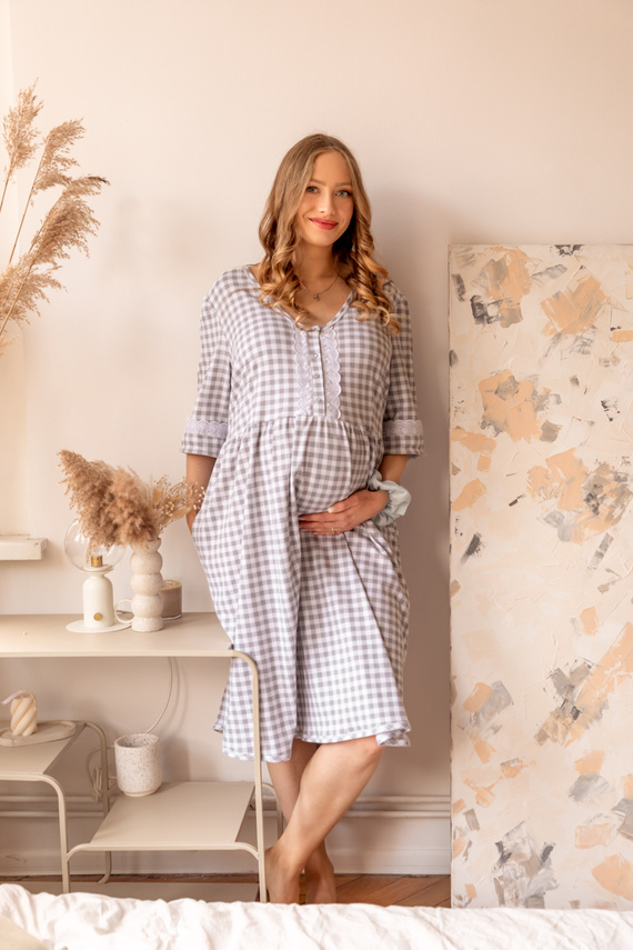 34LI Lidia Camisa de embarazo y lactancia Marija - 100% algodón, cuadros clásicos