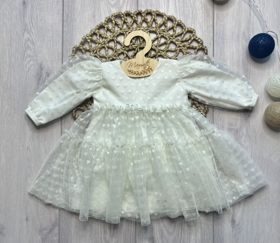 Vestido infantil Mamatti SZ354 de algodón con tul, manga larga - ecru