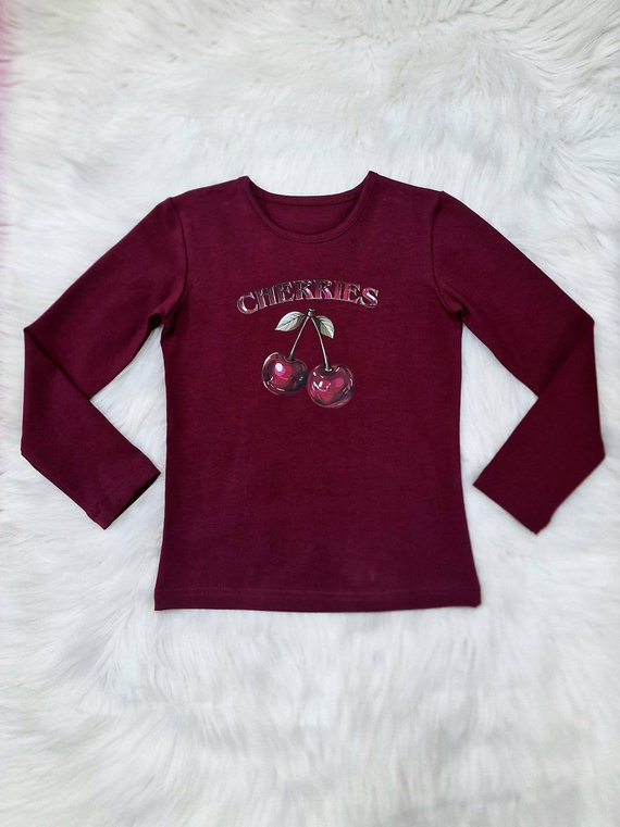 Cerezas Bambarillo blusa niña granate - algodón, manga larga, estampado