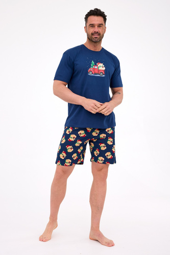 326/291 Pijama de hombre Teddy 4 Cornette - Navidad, azul marino, algodón, manga corta