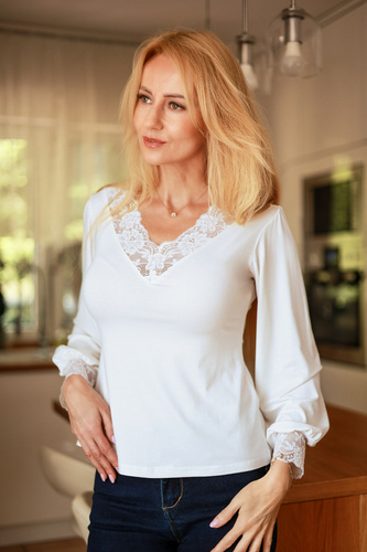 Mirale Harper Blusa de viscosa para mujer con encaje, escote en V y mangas abullonadas - ecru