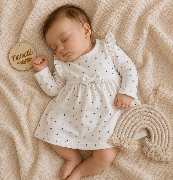 SK16235 Mamatti Vestido para bebé de algodón blanco con estrellas