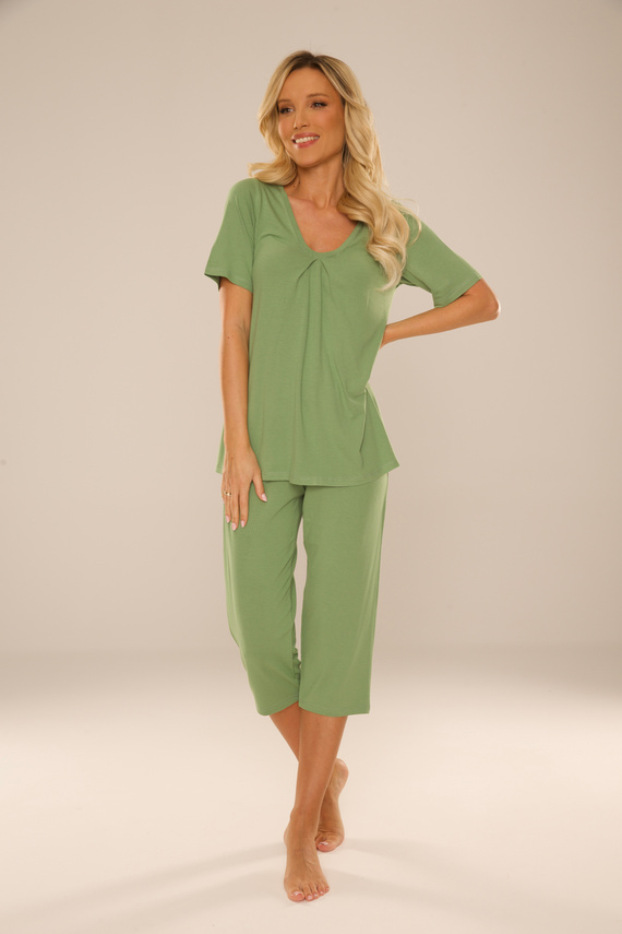 878 Dahlia Pijama señora De Lafense - viscosa, manga corta, pantalón 3/4 - salvia