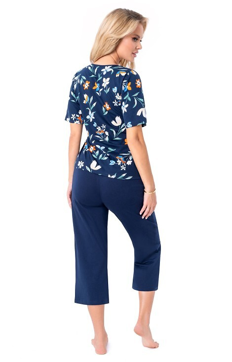 Caroline 3/4 Donna - pijama de mujer de algodón con estampado floral, manga corta y pantalón 3/4