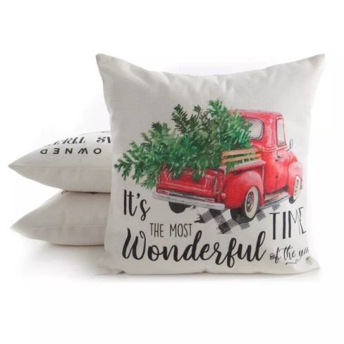 Chp 226 Eurofirany Funda de almohada de Navidad - blanco rojo con coche y árbol de Navidad, decorativo