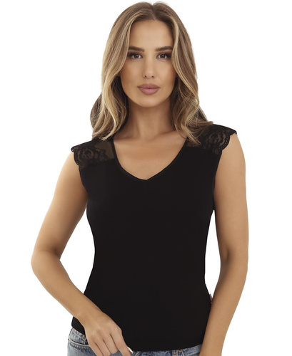 Blusa mujer Elza Emili de viscosa con tul bordado y escote en V