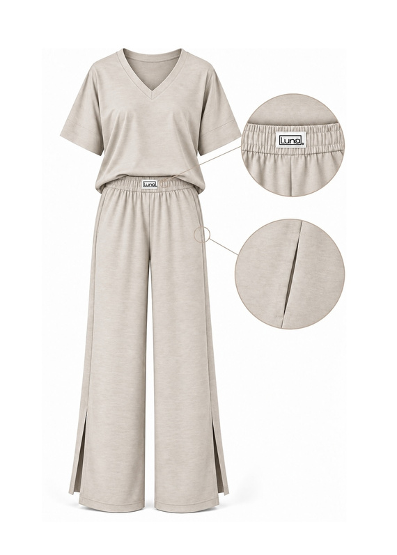 Luna 1314 pijama de mujer oversize beige 100% algodón pantalones anchos