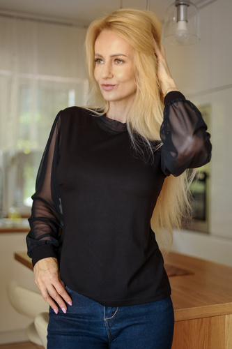 Mirale Freya Blusa de mujer de viscosa con mangas de tul y cuello alto elegante - negra