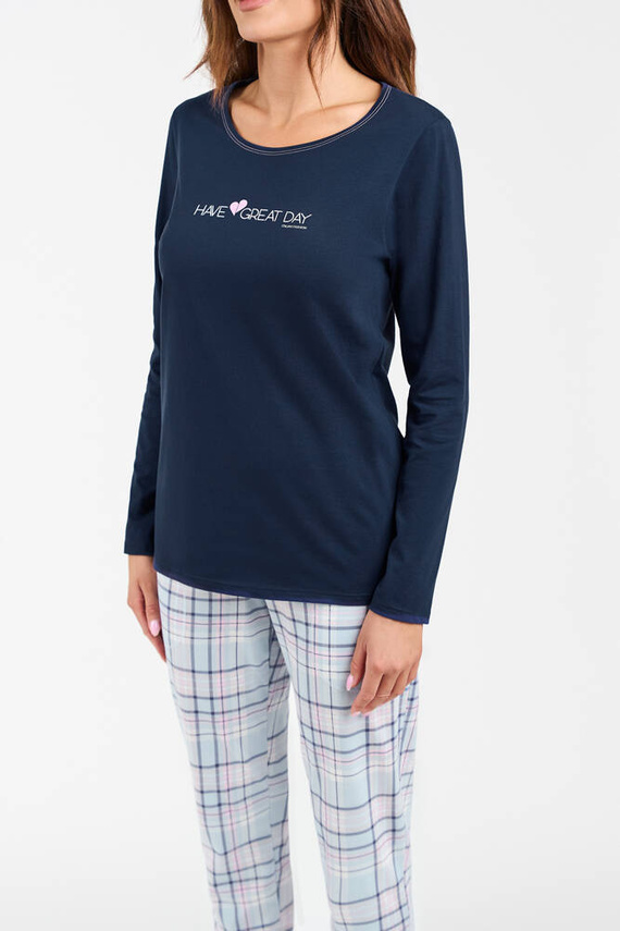Pijama de señora Glamour de manga larga y pantalón largo Italian Fashion - azul marino/estampado
