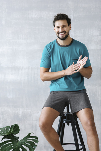 Stefano Pijama de manga corta para hombre, pantalón corto Moda Italiana - melange marino/oscuro