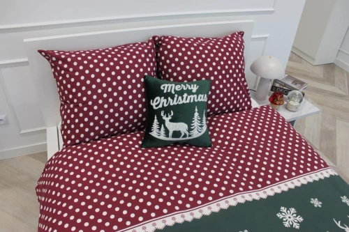 Xmass Navidad ropa de cama de algodón Spod Igły i Nitki - reno a cuadros rojos guisantes verdes, juego con cremallera, 100% algodón