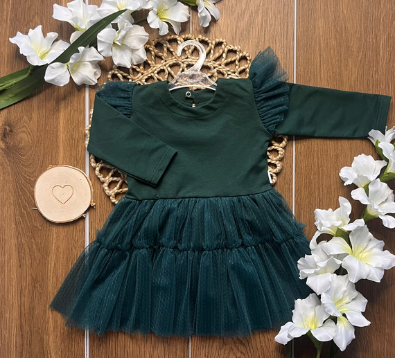 Vestido infantil Mamatti SK719 de algodón con tul suave y mariposas verde