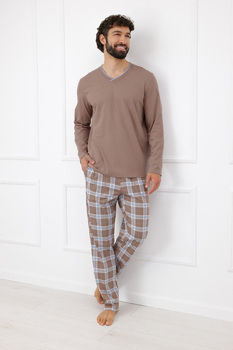 Italian Fashion Dante Pijama para Hombre de Algodón Pantalón Largo a Cuadros - cappuccino