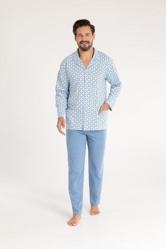 Pijama de algodón para hombre Regina 486 azul - manga larga, abotonado, corte clásico
