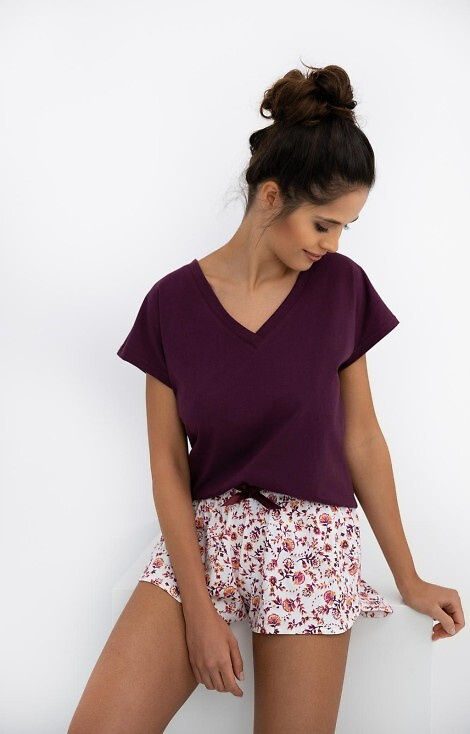 Marisol Sensis pijama de mujer - chemise burdeos, short floral, 100% algodón