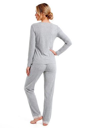 Donna Megi Long Pijama Mujer Gris Manga Larga y Pantalón Encaje