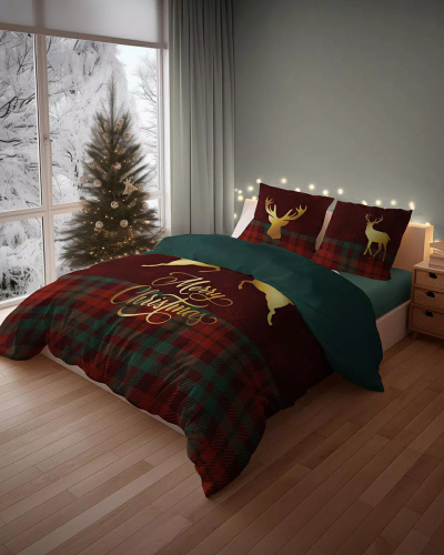 5827 A Christmas Dreams Detexpol ropa de cama de algodón a cuadros con renos Merry Christmas - Juego de Navidad 100% algodón