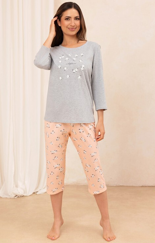 707 Regina pijama de algodón melange claro - mujer, manga 3/4, estampado floral