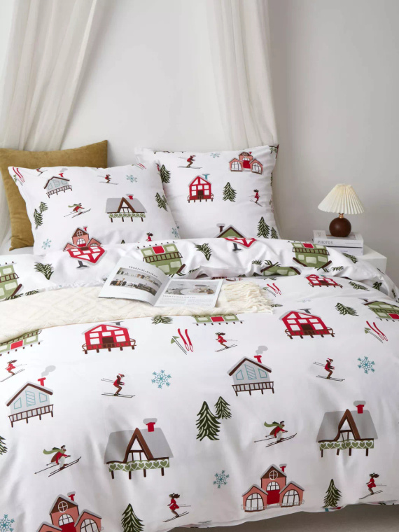 Ropa de cama de satén de algodón de Navidad de esquí Spod Igły i Nitki blanco rojo verde - elegante y suave