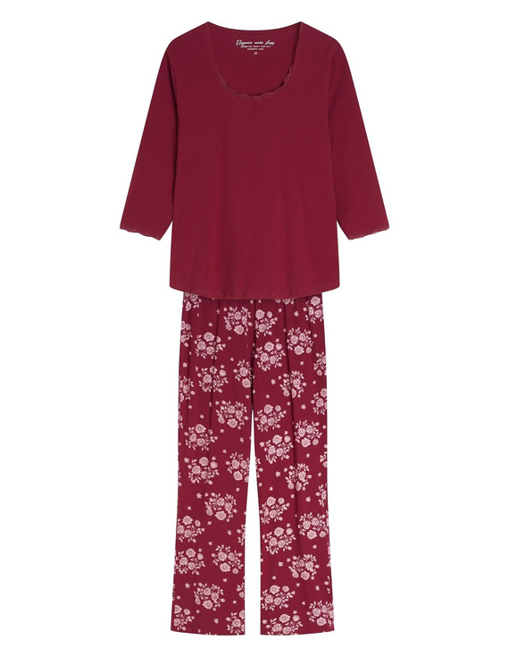 Henderson Greta 45423 Pijama de mujer 100% algodón Manga 3/4 Encaje carmín