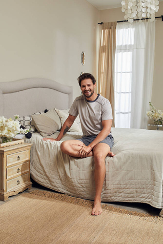 Abel Pijama de manga corta para hombre, pantalón corto Moda Italiana - beige/estampado