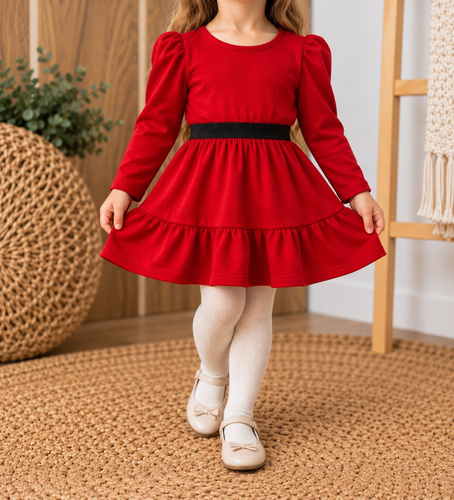Vestido para niña mamatti SK614 elegante con mangas globo y goma brillante rojo