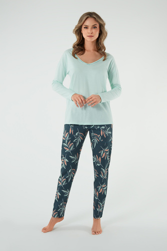 Julietta Pijama señora manga larga, pantalón largo Moda Italiana - pistacho/estampado