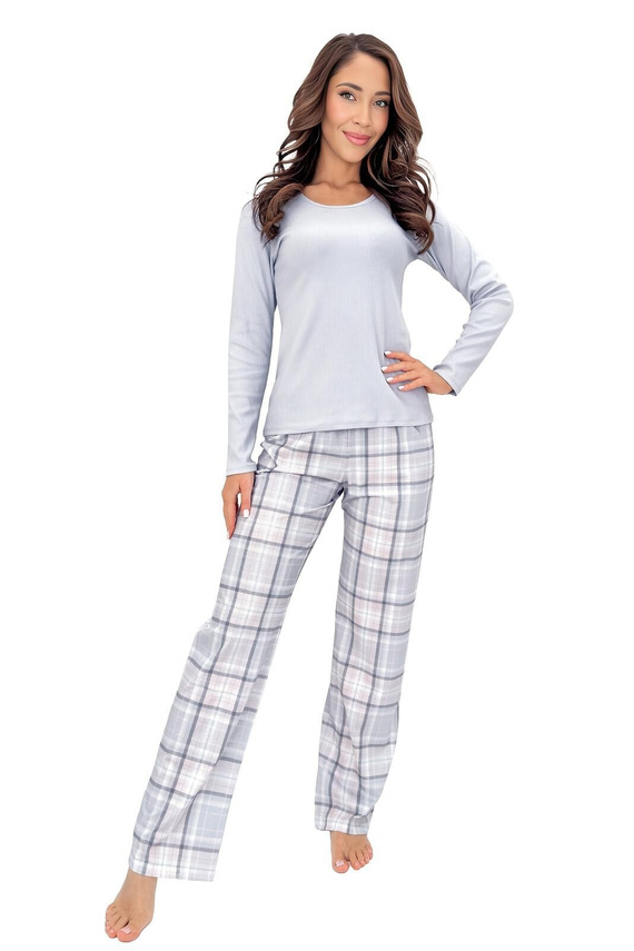 Donna Dani Long pijama larga gris para mujer de algodón con pantalones a cuadros y camiseta de canalé