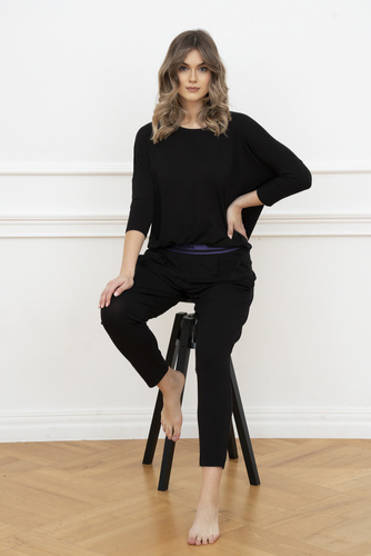 Estilo Conjunto de manga 3/4 para mujer, largo.pantalones moda italiana negro