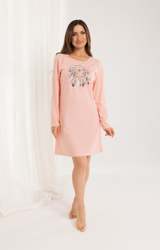 162 Camisón de algodón Regina albaricoque - manga larga, estampado, por debajo de la rodilla