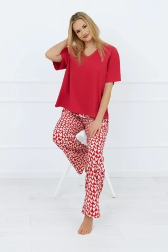 Pijama de manga corta y pantalón largo Evora Ladies Italian Fashion - rojo oscuro/estampado