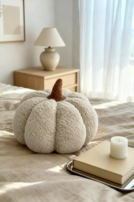 Almohada decorativa boucle calabaza Spod Igły i Nitki - beige, decoración de otoño y Halloween